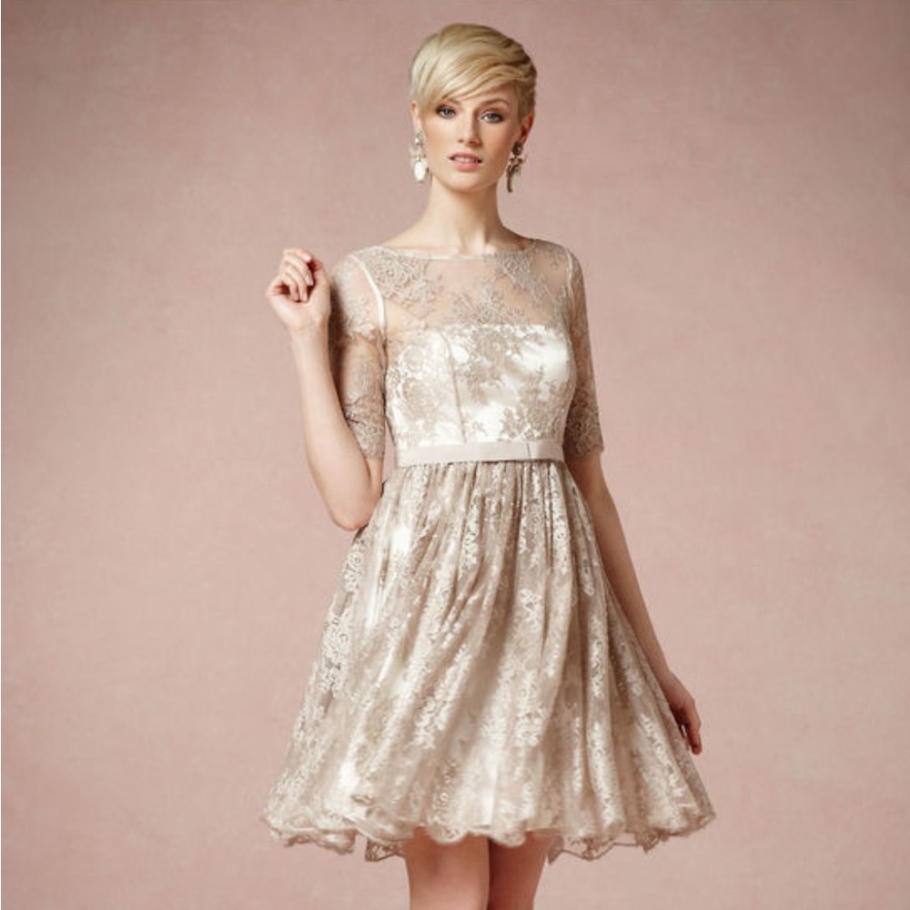 BHLDN Cream/Nude Colored Bridesmaid dress with scalloped lace detail.